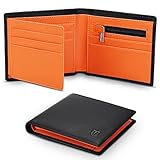 TEEHON® Wallets Slim Genuine Leather RFID Blocking Wallet with 11 Card Holder, 2 banknote compartments, Coin Pocket, Minimalist Wallets for Men UK with Gift Box - Black and Orange