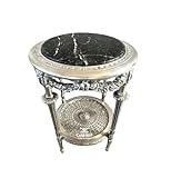 CasAmin Home & Living Round Silver Wooden Side Table in Retro Antique Baroque Style, Handmade with Marble Top, Coffee Table, Tea Table as Home Decoration