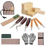 21PCS Wood Carving Kit Woodworking Chisel,BritPick Wood Kit for Beginners, Includes 8PCS Basswood Carving Blocks and 6PCS Whittling, Gloves, Roll Bag, Sharpener