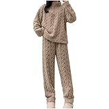 Womens Fleece Pyjamas Sets Fluffy Soft Warm Cosy 2 Pieces Pjs Sets Quarter Zip Pullover And Wide Leg Pants Set Winter Warm Comfy Towel Pjs Thick Plush Flannel Co Ord Set Ladies Loungewear Nightwear