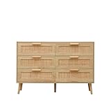 FurnitureHMD 6 Drawers Ratten Wide Chest,Storage Sideboard Cabinet,Organiser Unit for Bedroom,Living Room,Hallway (natural color)