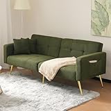 RIAZOS Sofa Bed, 2 Seater Sofa Settee Couch with 3 Adjustable Backrest Angles, Gold Legs, Cushions and Side Storage Pockets (Green)