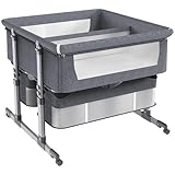 POSTEGE 3-In-1 Co-Sleeper,Twins Baby Bed Sleeper, Cot with Storage Basket, Portable Basinette Baby Bed, 6 Height Adjustable Anti-Emesis Bedside Table A