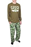 STAR WARS Mandalorian Grogu Face Baby Yoda Adult Men's Pajama Sleep Set, Olive Green-brown, L