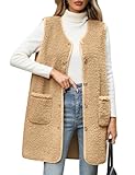 Tuopuda Teddy Fleece Gilet for Women Long Button Vest Sherpa Fluffy Sleeveless Jackets with Pockets Ladies Lightweight Outerwear Vests for Spring Fall Winter(Khaki,S)