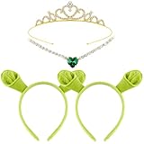 Yezmo 4PCS Green Ogre Ears Headband Set, Ogress Costume Accessories with Monster Headbands Crown and Necklace Set for Halloween Cosplay Dress up Party (Green)