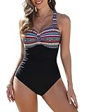 FemiChic Swimming Costume Women One-Piece Swimwear Tummy Control V Neck Ruched Ladies Swimsuit for Beach Pool Sports Bathing Holidays(Bohemian,S)