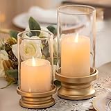NUPTIO Pillar Candle Holders Gold: Set of 2 Candle Stand Hurricane Glass Cylinder Outdoor Metal Wedding Centrepieces for Tables Christmas Mantel Dining Room