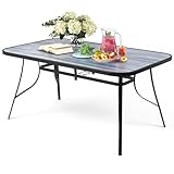 The Fellie Garden Table Patio Table with Parasol Hole Wood Grain Tempered Glass Top Outdoor Dining Table Rectangle Bistro Table