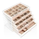 Sasha Morel Jewellery Box - Clear Acrylic Women's Jewellery Organiser - 5 Drawers, Velvet Earring Holder, Organiser Box for Accessories - Stackable, Stylish & Sturdy Design - Gift for Mum - Cream