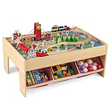 COSTWAY Wooden Train Table, Kids Train Track Activity Table with 2 Reversible Tabletops, 3 Fabric Drawers, 94 Accessories, DIY Railway Playset for Boys Girls (Natural+Red Drawers)