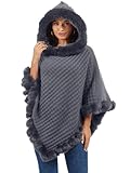 Rayson Womens Hooded Poncho Winter with Faux Fur Trim Knit Cape Coat Autumn Elegant Warm Plush Hooded Shawl(Grey)