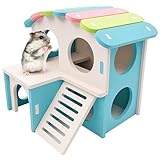 ARROMI Blue Hamster House, Wooden Hamster Hideout with Platform, Large Cage Accessory for Small Pets, Durable Hamster Bed and Play Area