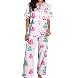 Generisch Women's Pyjama Set with Print Short Sleeve Top Button Placket Trousers Soft Satin Pyjamas for Relaxing Nights Holiday, pink, M