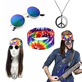 UILYNIU 4 Piece Hippie Accessories Set Disco Hippie Costume 60s 70s 80s Wigs Brown Wigs Sunglasses Peace Necklace Headband Men's Fancy Dress Hippy Accessories Retro Men Women for Cosplay Party (4 Pcs)