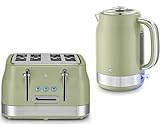 Swan Retro Revive Green 1.7L 3KW Jug Kettle & 4 Slice Toaster. Matching Retro Design Kettle & Toaster Set in Green with Chrome Accents