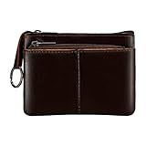 Lidwot Genuine Leather Coin Purse Wallet Mini Zip Change Purse Wallet Coin Pouch with Key Chain 3 Zippers, Dark Brown, Wallet Coin Pouch With Key Chain 3 Zippers