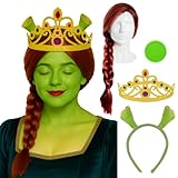 Princess Ogre Set - Red Plait Wig, Ogre Ears Headband, Adjustable Tiara Crown & Green Face Paint Set – Adult Fairy Tale Fancy Dress Accessory Kit for Halloween, Cosplay & Themed Parties