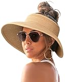 FURTALK Sun Visor Hat for Women Wide Brim Straw Roll-Up Ponytail Summer Beach UV UPF80+ Packable Foldable Travel, Pure Khaki