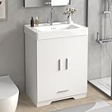CXQ Bathroom Vanity Units with Basin – 600 mm White Floor Standing Vanity Unit with Drawer & Soft-Close Doors, Ceramic Sink Cabinet for Small Bathrooms & Guest WC