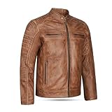 Leatherick Mens Distressed Tan Brown Genuine Leather Cafe Racer Biker Jacket Retro Style Vintage Jacket (UK, Alpha, L, Regular, Regular)