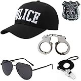 Alevial Police Costume 5 Piece Set, Cap, Handcuffs, Aviator Glasses, Whistle, Badge| Fancy Dress Halloween Outfit Accessories
