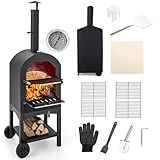 TANGZON Outdoor Pizza Oven, Wood-fired Pizza Maker with Waterproof Cover, Built-in Thermometer, Patio Cooking Grill for Camping Backyard BBQ (No Side Storage Shelves, 64 x 53 x 162cm)