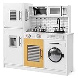 COSTWAY Kids Wooden Kitchen, Pretend Play Kitchen with Light, Sound, Oven, Washing Machine, Microwave, Water Dispenser, Telephone & Utensils, Children Chef Role Playset for Boys Girls