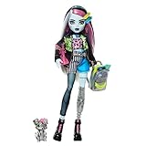 Monster High Frankie Stein Doll in Denim Jacket and Shorts, Includes Pet Dog Watzie and Accessories like a Backpack, Snack and Notebook, HXH73