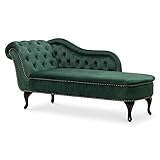 Luxury Antique Tufted Chesterfield Blue Velvet Indoor Chaise Lounge Chair with Arm – Retro Lounger with Deep Buttons, Curved Black Wood Legs & Studs for Bedroom Living Room Office, Right Hand
