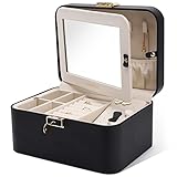 KAMIER Jewelry Holder Organizer, 2 Layers PU Leather Travel Jewelry Box,Double Lock and Large Mirror, Hidden Necklace Hooks, Removable Dividers, Gift Box Packaging, Black