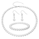 TIESOME Pearl Necklace Bracelet Earrings Set, Faux Pearl Jewelry Set Necklaces for Women White Costume Jewelry Accessories for Women Wedding Birthday Valentine Gifts(6mm)