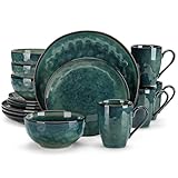 vancasso Dinner Set for 4, Starry Green Dinner Sets, Reactive Glaze Dinnerware Tableware, 16-Piece Dinner Service with 10.5in Dinner Plate, 8.5in Dessert Plate, 720ml Bowl and 360ml Mug