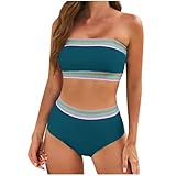 AMhomely My Order Bandeau Tankini Swimwear Women UK 2 Piece Swimsuit for Women 2025 High Waisted Tummy Control Color Block Bikini Set Swimwear Beach Holiday Swimming Costume 02 Sky Blue XL