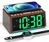 Retro Digital Alarm Clock for Bedrooms with Large Numbers, Desk Clock with Wireless Charging Station, 7 Mood Lights, Dimmer, Snooze, 12/24H, Loud Alarm Clock for