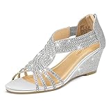 PIZZ ANNU Womens Sandals Mid Wedge Heel Sparkly Glitter Shoes for Ladies Strappy Rhinestones Bridal Wedding Prom Party Silver Size 6