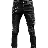 Maiyifu-GJ Men's Distressed Moto Biker Jeans Ripped Punk Gothic Zipper Denim Pants Hip hop Tapered Leg Slim Fit Jean, Black, Medium