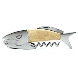 Fish-Shaped Wine Bottle Opener, Stainless Steel with Wood Handle, Multi-Function Corkscrew and Bottle Opener
