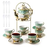 Porcelain Tea Cup and Saucer Set, 20Pcs Luxury Large Tea Sets, 220 ml Tea Coffee Cup, 1100ml Ceramic Teapot Set with Metal Holder,European Flower Tea Coffee Serving Sets for Wedding,Party,Wommen,Gift
