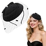 Fgdui 1PCS Gauze Fascinator Pillbox Hat Black 1940s Retro Hat Bowknot Side Clip Pillbox Hats Veil Headband Black Funeral Hats for Women Tea Party Wedding