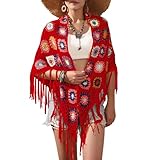 SMDPPWDBB 61x29in Handmade Crochet Fringed Poncho Cape Shawls Wraps Granny Square Womens Coat Sweater, Red, One Size