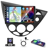 9 Inch Android 14 Car Stereo for Ford Focus MK1 1998-2004 IPS Touch Screen 2 Din Car Radio Receiver w/Wireless Carplay Android Auto GPS Navi Bluetooth Wifi HiFi BT SWC FM AM Backup Camera Mic, 2+32G