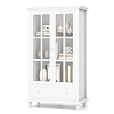 COSTWAY Wooden Bookcase, Freestanding Storage Bookshelf with Tempered Glass Doors, Adjustable Shelf & Drawer, Modern Side Cabinet Display Tall Cupboard Unit for Living Room Hallway Office