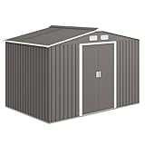 Outsunny 9 x 6ft Metal Garden Shed, Outdoor Storage Tool House with Ventilation Slots, Foundation Kit and Lockable Double Doors, Grey