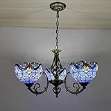 Tiffany Style Chandeliers, Stained Glass Pendant Light, 3 Light, Antique Vintage Adjustable Ceiling Light for Living Room Bedroom Dining Room,Blue Baroque