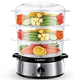 Aigostar 3 Tier Food Steamer, Electric Vegetable Steamer with BPA Free Baskets and Rice Bowl, 9 Litre, Refill While Steaming, Stainless Steel Base, 800W, Energy Saving, Silver
