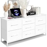 KIRVOVIY Chest of Drawers, Dresser for Bedroom with 7 Fabric Drawers, TV Stand on Castors, Storage Organizer for Living Room, Metal Frame and Wooden Top, White