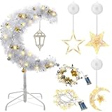 Glooglitter Eid Outdoor Decoration 3ft Lighted Ramadan Mubarak Crescent Tree with Star String LED Artificial Moon Tree for Eid Ramadan Garden Home Outdoor Party Decor(Silver)
