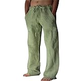 Litthing Men Linen Trousers Cotton Jogging Bottoms Casual Summer Pants with Pockets Loose Fit Drawstring Elastic Waist Trouser Comfortable Lightweight Green