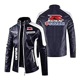 Mens Padded Motorcycle Jackets Leather Clothing for SU.ZU.K.I No Hood Cycling Jersey Motocross Coat Stand Collar Outwear Tops Full Zipper Racing Suit-Dark blue||XL